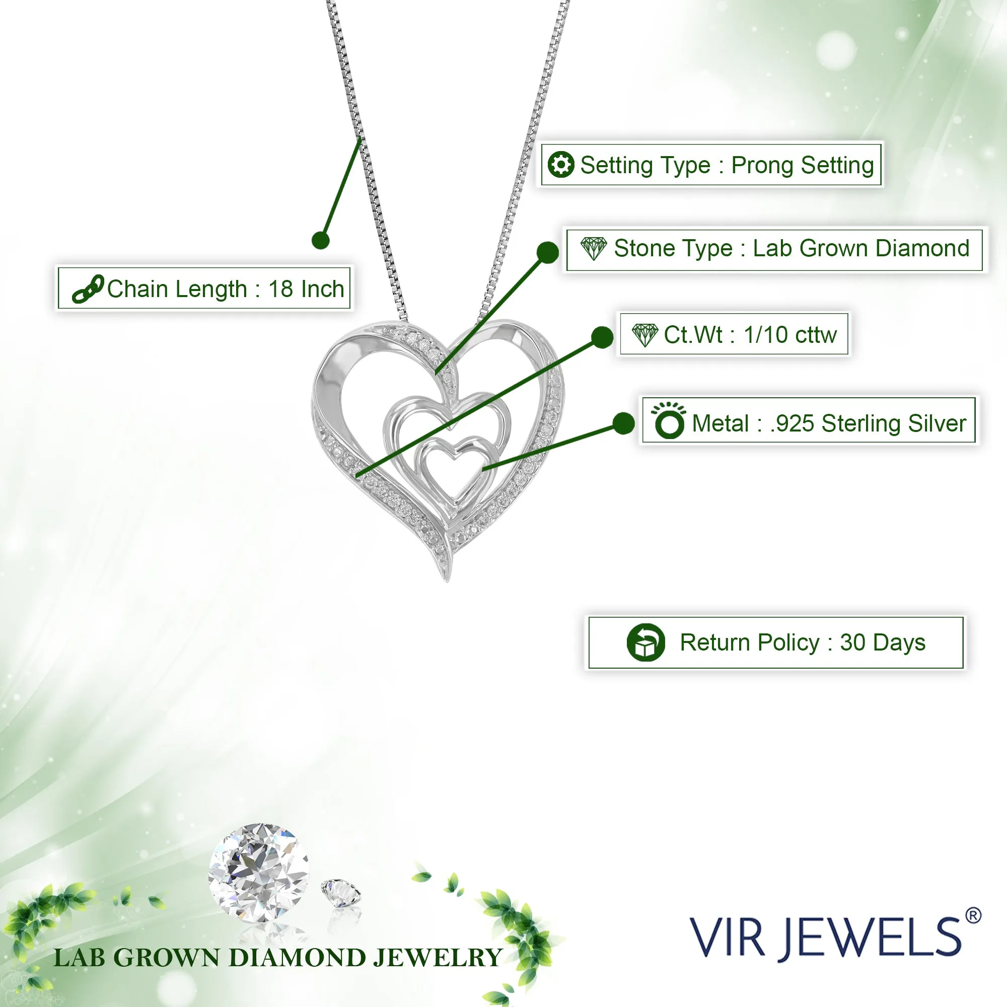 1/10 cttw Lab Grown Diamond Connected Hearts Pendant in Sterling Silver