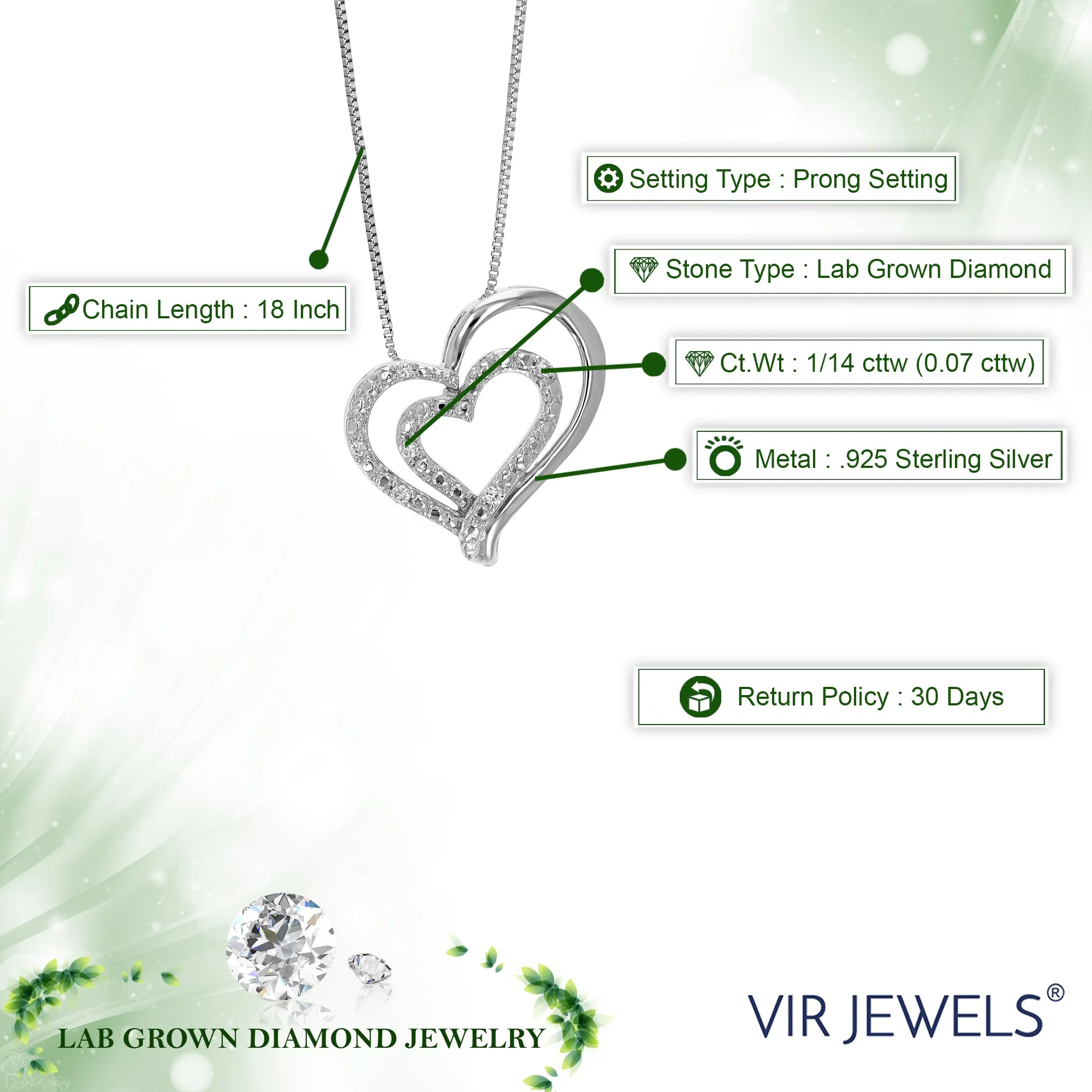 1/14 cttw Diamond Double Heart Lab Grown Pendant in Sterling Silver