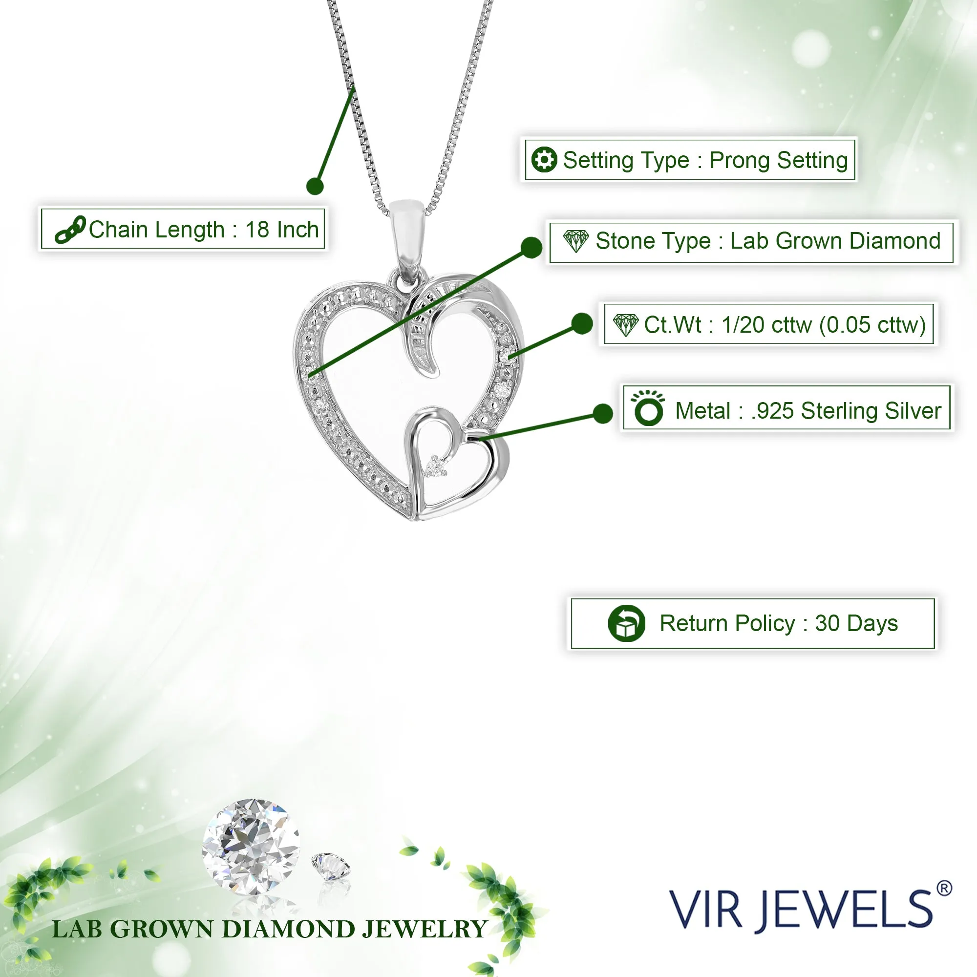 1/20 cttw Lab Grown Diamond Two Heart Pendant in Sterling Silver