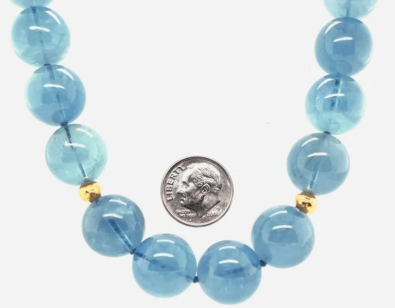 14 to 15mm Round Aquamarine Bead Necklace with Yellow Gold Accents, 18.5 Inches