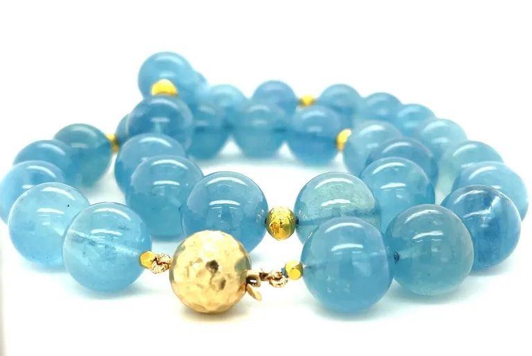 14 to 15mm Round Aquamarine Bead Necklace with Yellow Gold Accents, 18.5 Inches