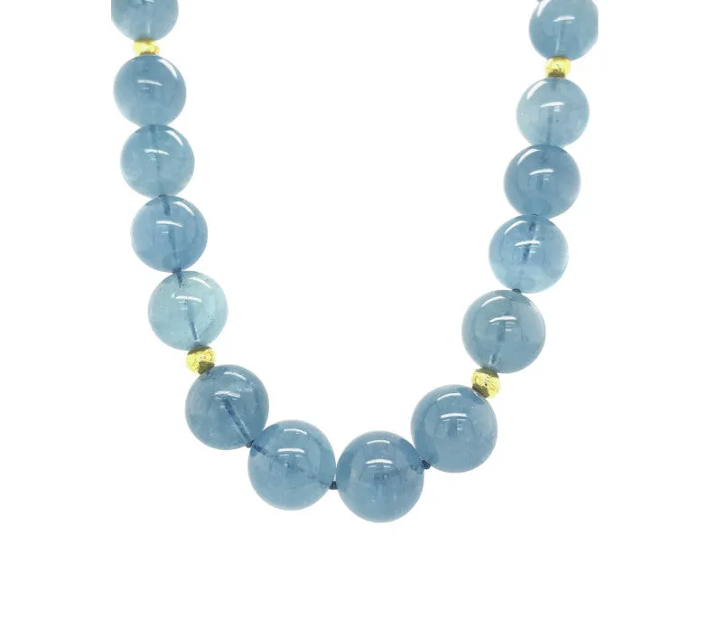 14 to 15mm Round Aquamarine Bead Necklace with Yellow Gold Accents, 18.5 Inches