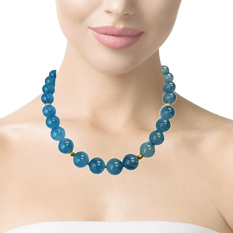 14 to 15mm Round Aquamarine Bead Necklace with Yellow Gold Accents, 18.5 Inches