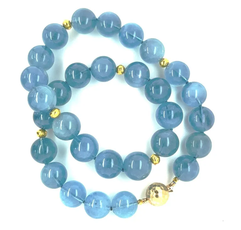 14 to 15mm Round Aquamarine Bead Necklace with Yellow Gold Accents, 18.5 Inches