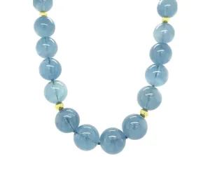 14 to 15mm Round Aquamarine Bead Necklace with Yellow Gold Accents, 18.5 Inches