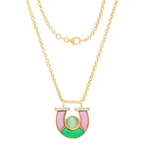 14K YG Opal, Chrysoprase, Pink Opal and Baguette Diamond Horseshoe Necklace