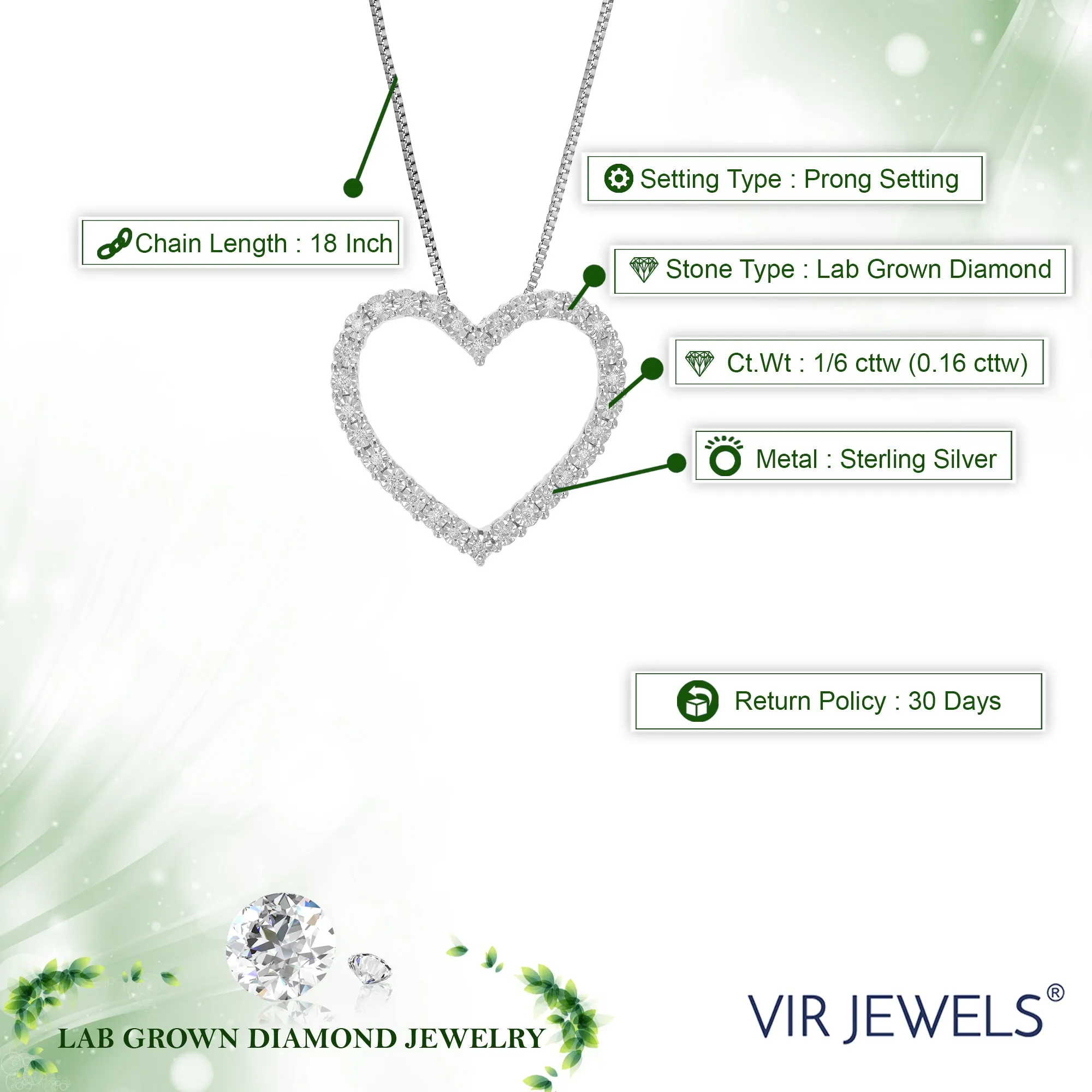 1/6 cttw Lab Grown Diamond Heart Pendant Necklace Sterling Silver