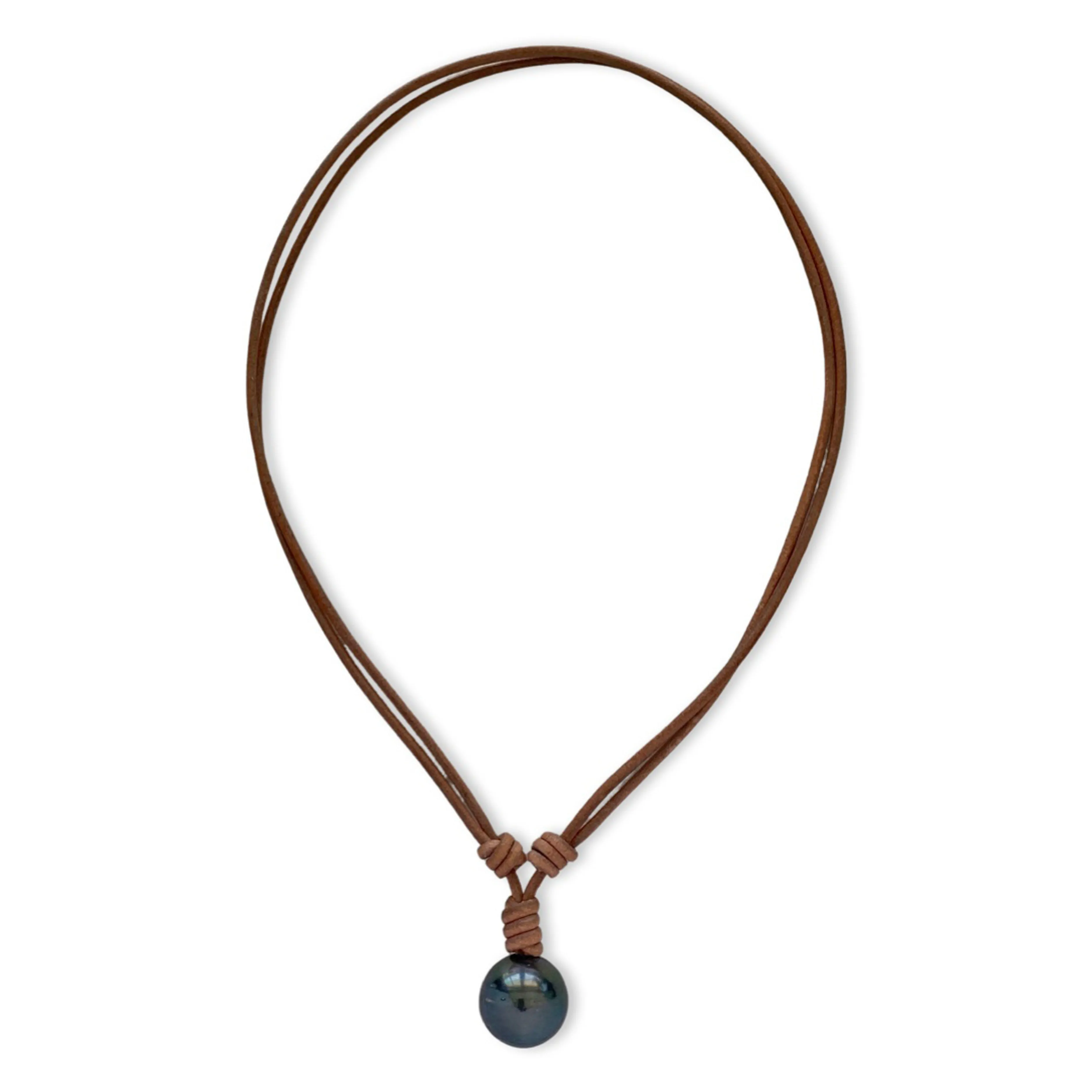 16mm Genuine Goutte Baroque Tahitian Pearl in Light Brown Greek Leather Necklace