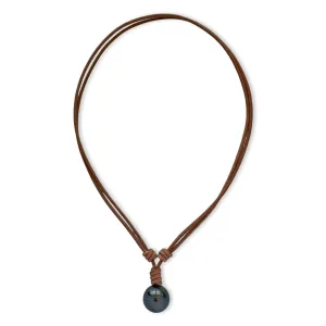 16mm Genuine Goutte Baroque Tahitian Pearl in Light Brown Greek Leather Necklace