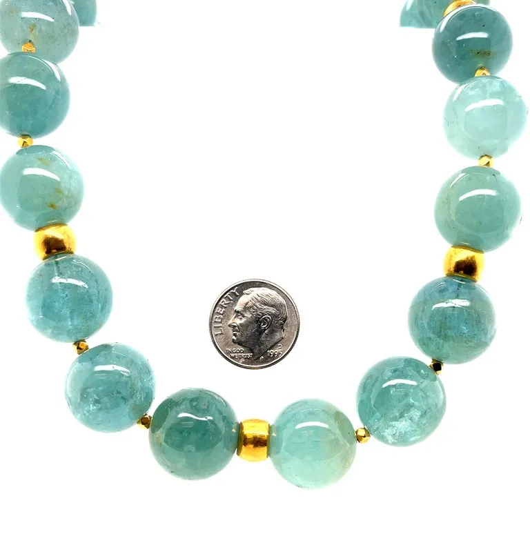 16mm Sea Foam Green Aquamarine Bead and 18k Yellow Gold Necklace, 20 Inches