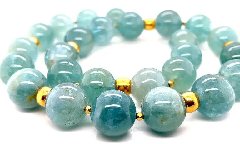 16mm Sea Foam Green Aquamarine Bead and 18k Yellow Gold Necklace, 20 Inches