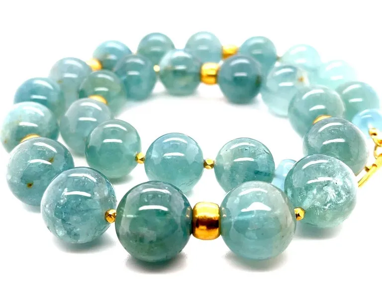 16mm Sea Foam Green Aquamarine Bead and 18k Yellow Gold Necklace, 20 Inches