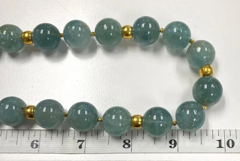 16mm Sea Foam Green Aquamarine Bead and 18k Yellow Gold Necklace, 20 Inches