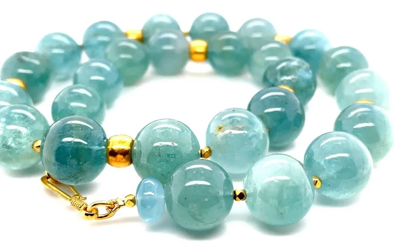 16mm Sea Foam Green Aquamarine Bead and 18k Yellow Gold Necklace, 20 Inches