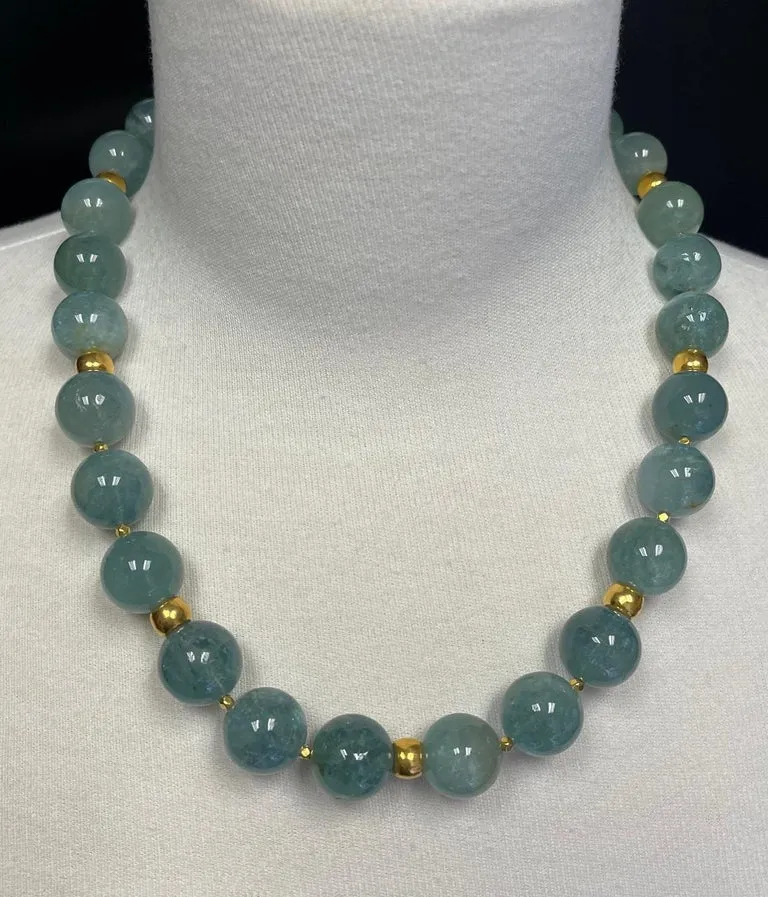 16mm Sea Foam Green Aquamarine Bead and 18k Yellow Gold Necklace, 20 Inches