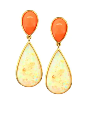 17.75 Carat Opal Pear Shape and Coral Cabochon 18k Dangle Drop Post Earrings