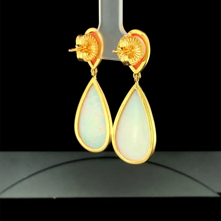 17.75 Carat Opal Pear Shape and Coral Cabochon 18k Dangle Drop Post Earrings