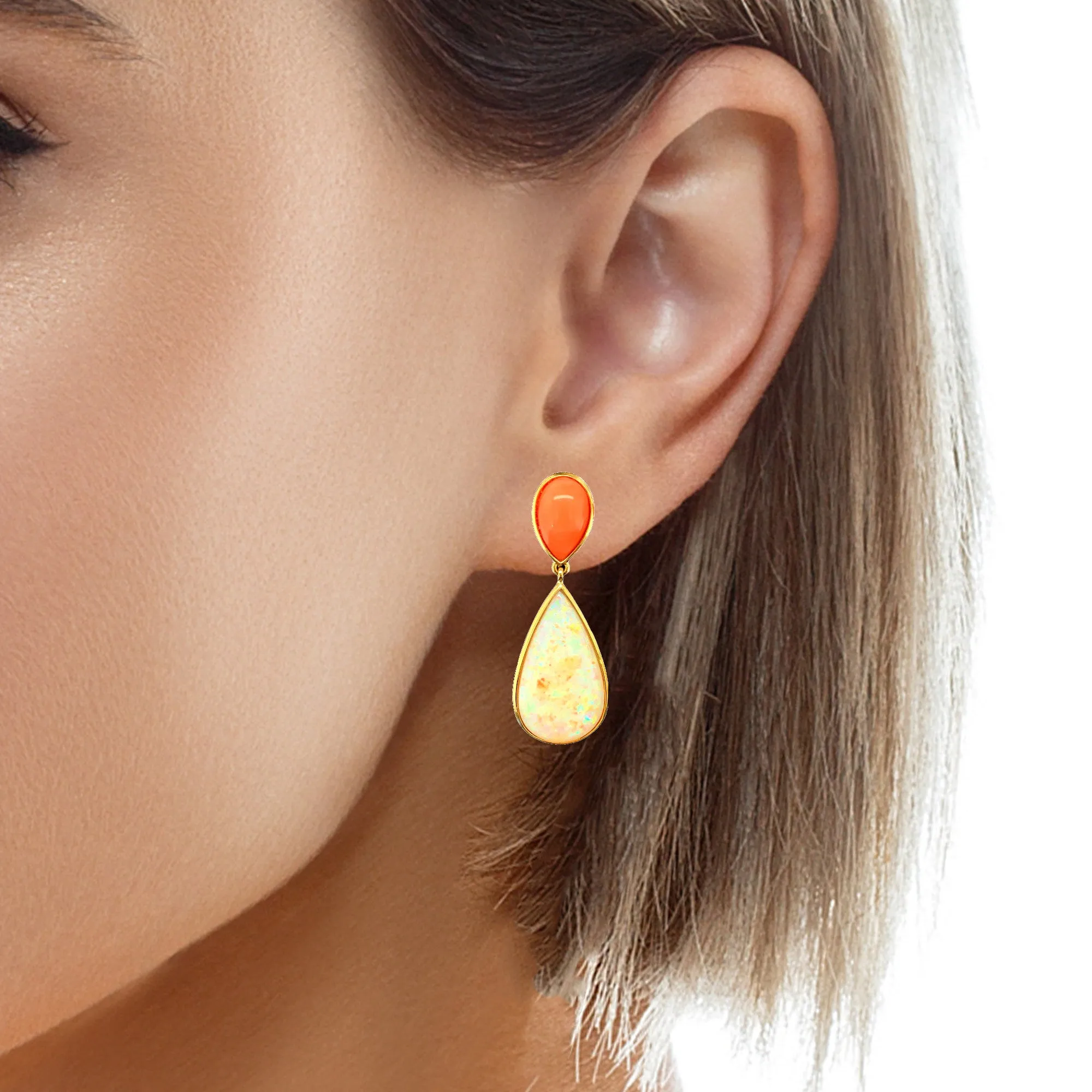 17.75 Carat Opal Pear Shape and Coral Cabochon 18k Dangle Drop Post Earrings