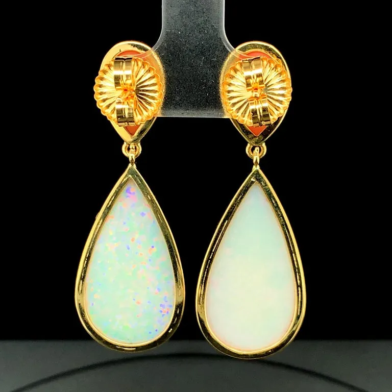17.75 Carat Opal Pear Shape and Coral Cabochon 18k Dangle Drop Post Earrings
