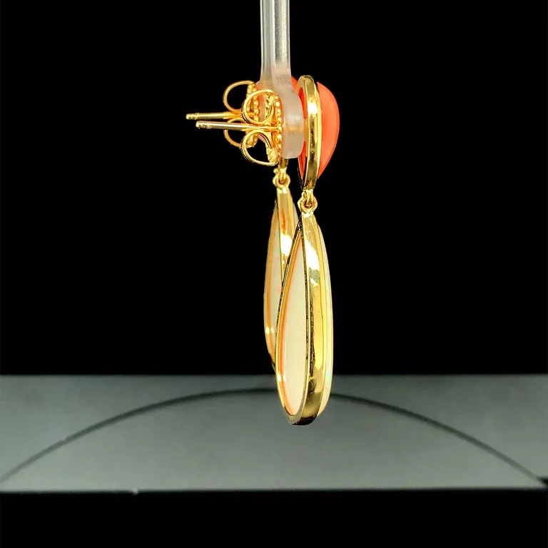 17.75 Carat Opal Pear Shape and Coral Cabochon 18k Dangle Drop Post Earrings