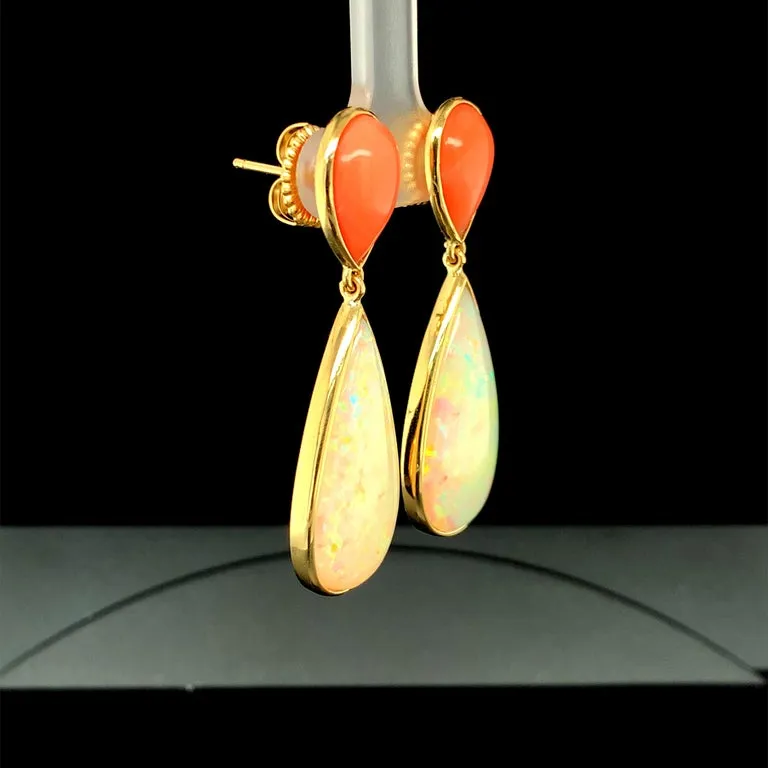 17.75 Carat Opal Pear Shape and Coral Cabochon 18k Dangle Drop Post Earrings
