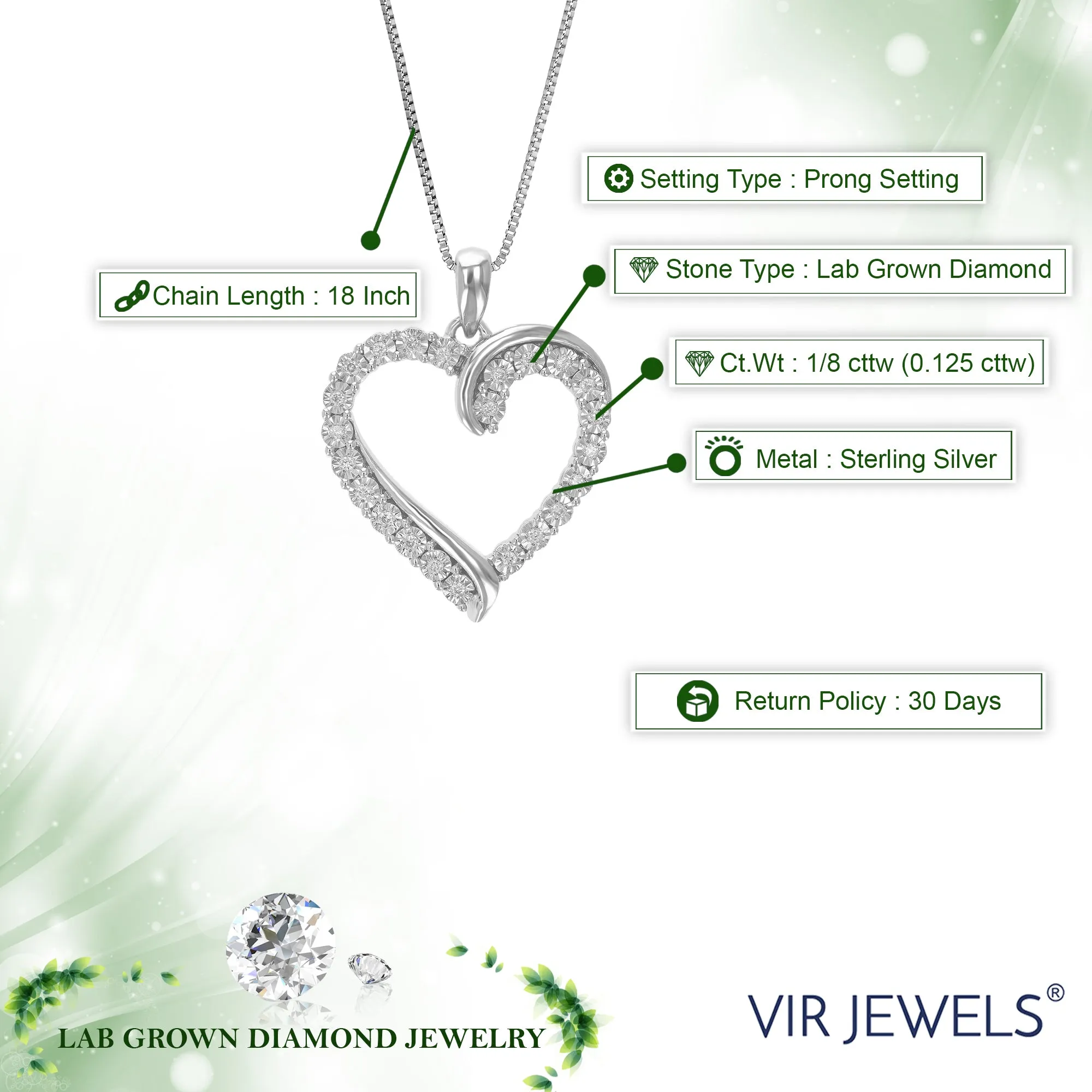 1/8 cttw Lab Grown Diamond Heart Pendant in Sterling Silver