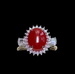 18k Gold Vintage, Sardinian, Ox Blood Red Coral and .31 ct VVS Diamond Ring 18k size 5.5 Coupons Accepted for Limited Time
