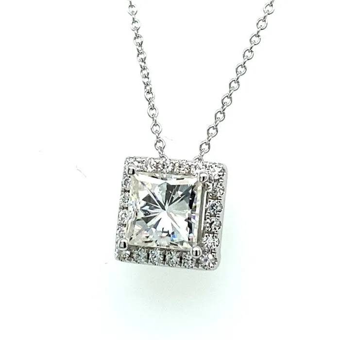 1.90 CTW DEW Square Moissanite Halo Pendant in 14K White Gold