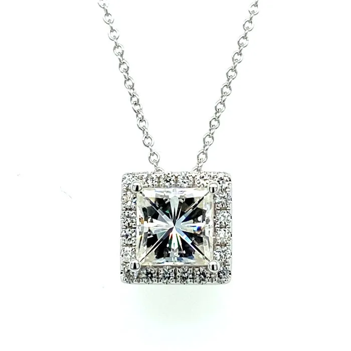 1.90 CTW DEW Square Moissanite Halo Pendant in 14K White Gold