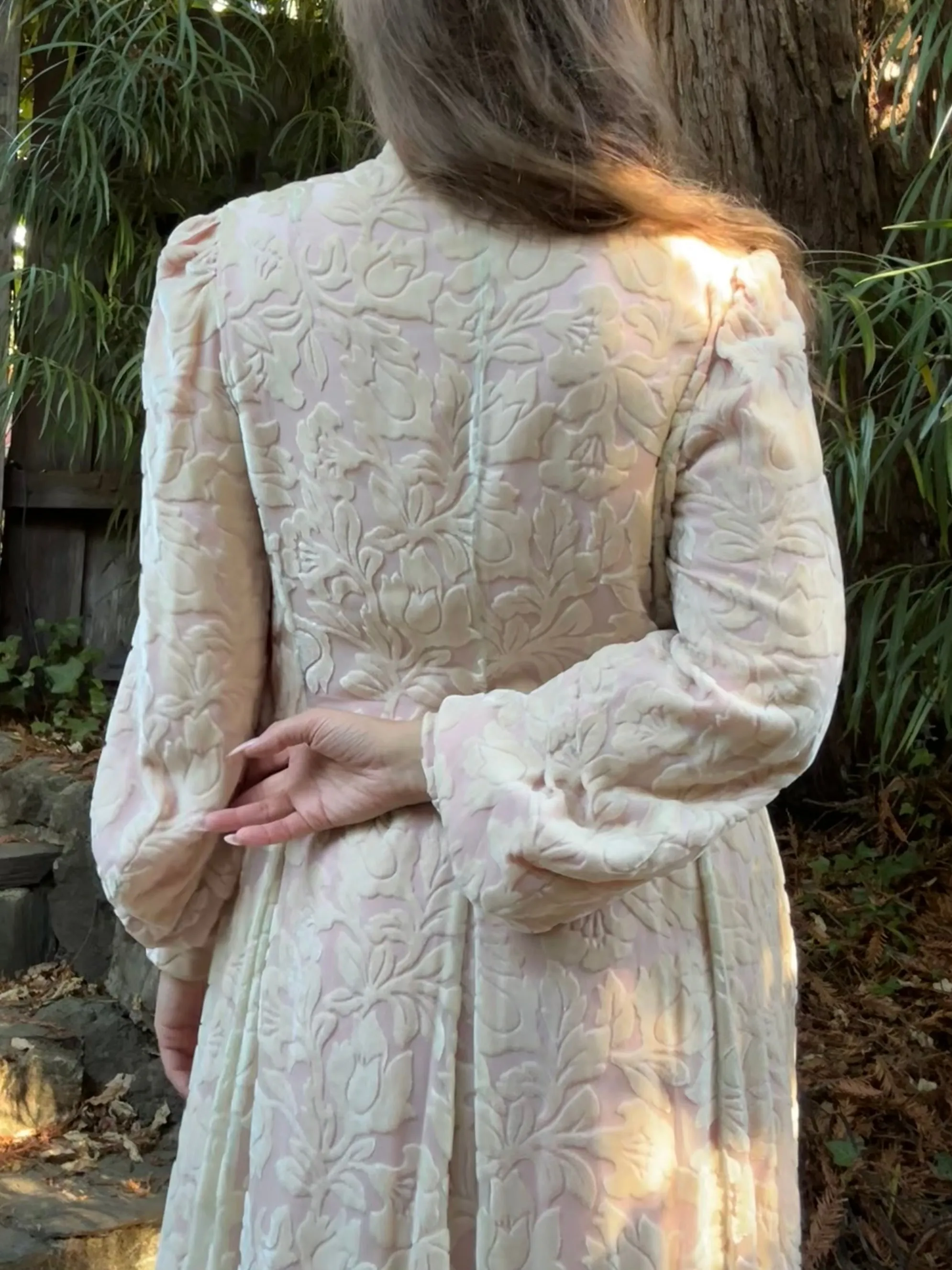 1930s Soft Pastel Pink Devore Velvet Bishop Sleeve Floor Length Coat