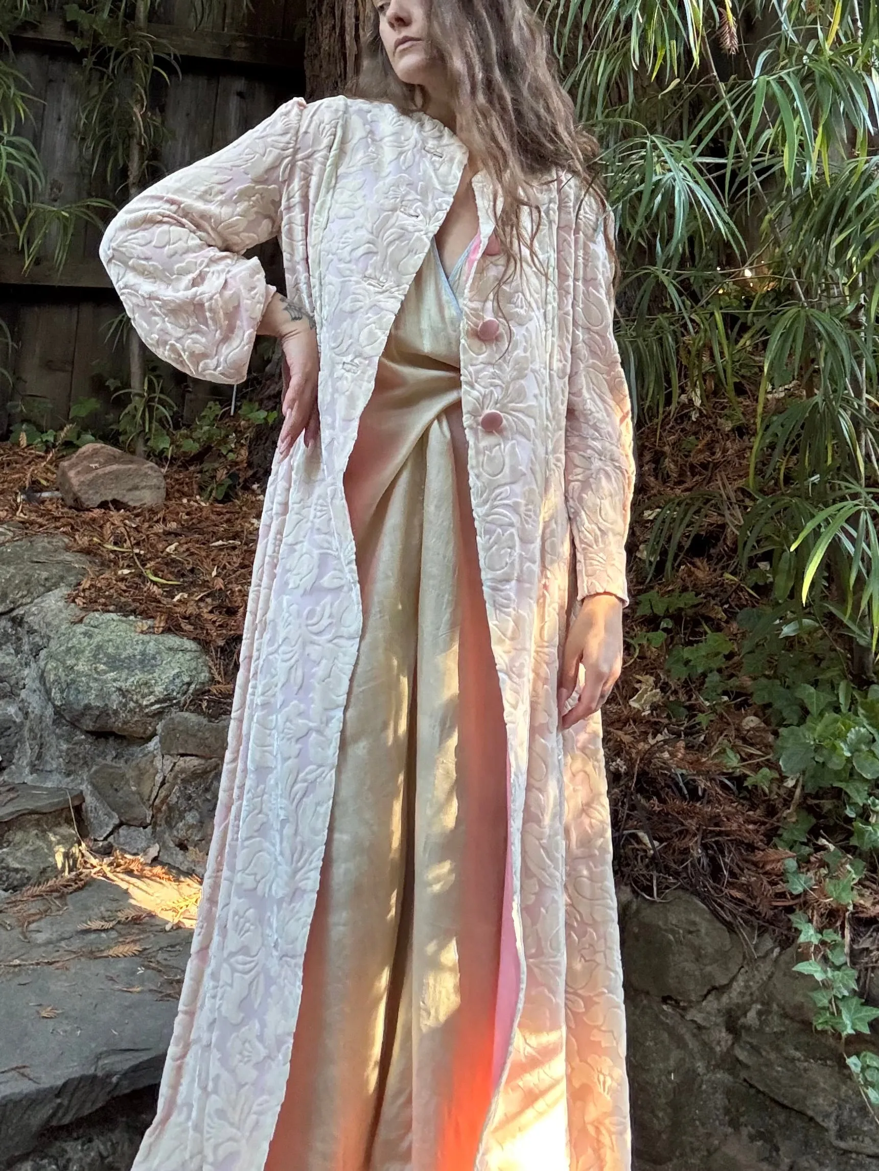 1930s Soft Pastel Pink Devore Velvet Bishop Sleeve Floor Length Coat
