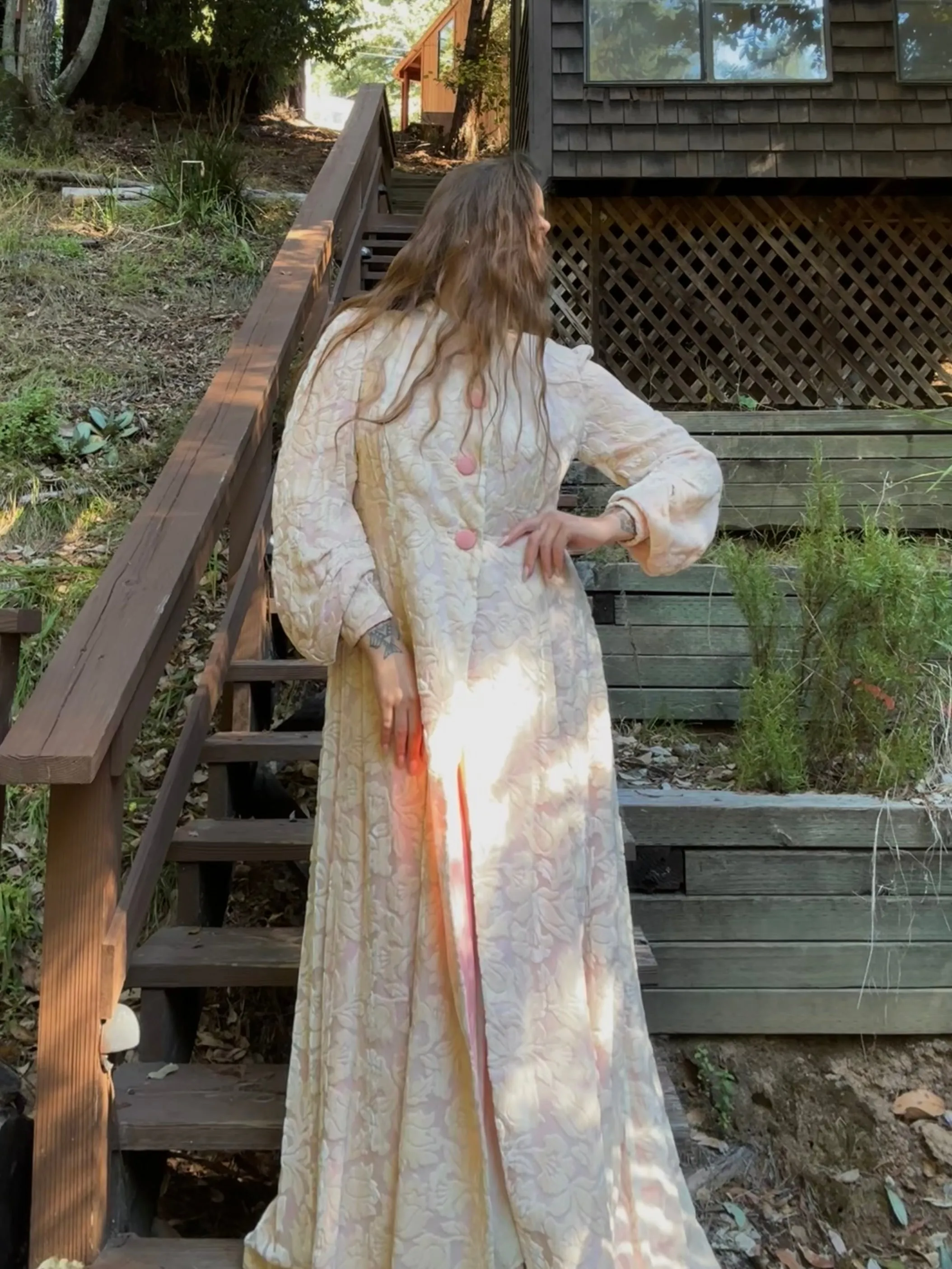 1930s Soft Pastel Pink Devore Velvet Bishop Sleeve Floor Length Coat