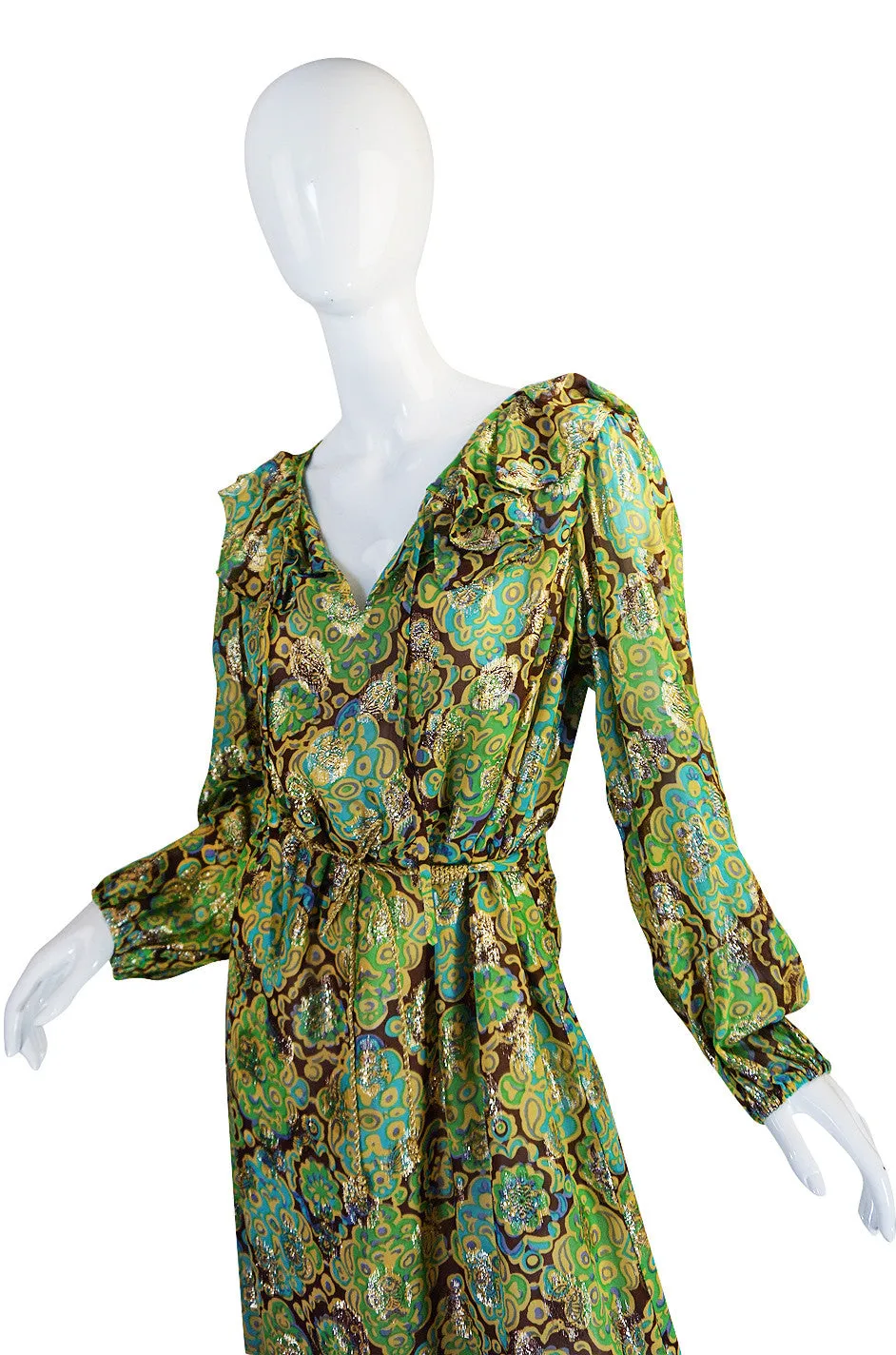 1970s Green & Gold Metallic Silk Adele Simpson Dress
