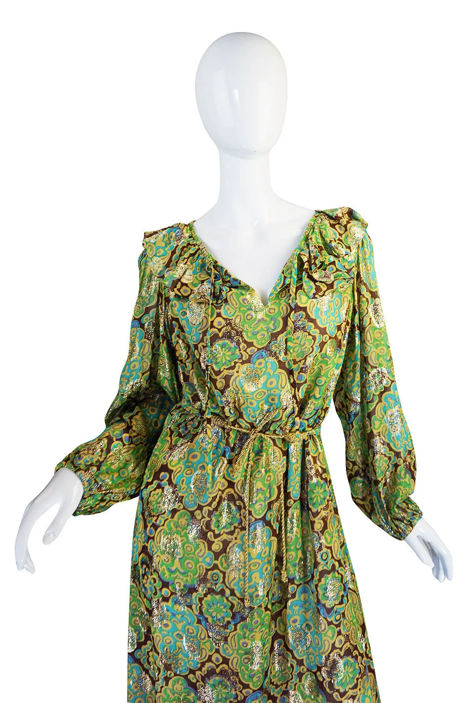 1970s Green & Gold Metallic Silk Adele Simpson Dress
