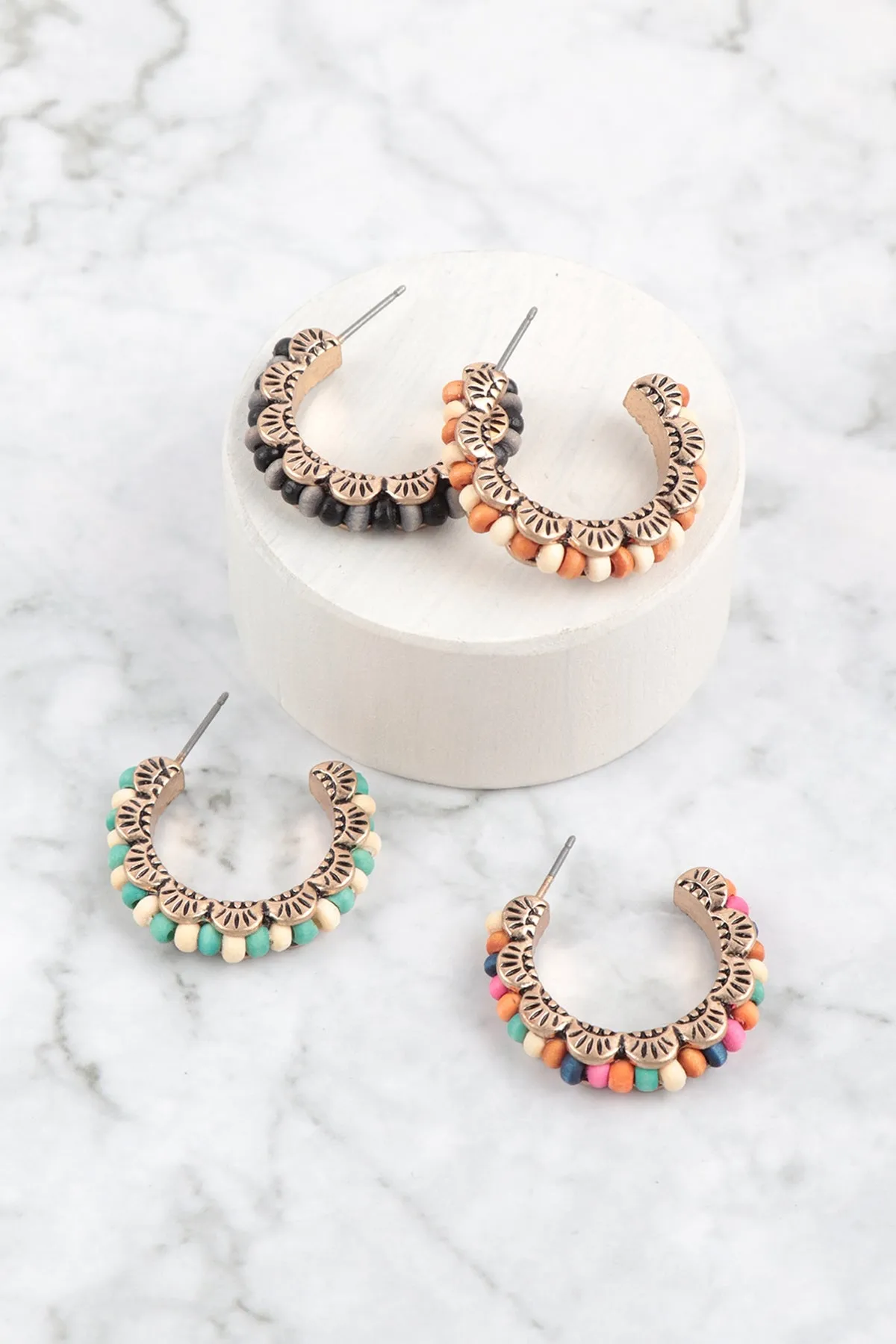 1" WOOD BEAD WESTERN CONCHO HOOP EARRINGS