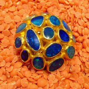 24K Domed Mushroom Pendant Necklace with Gorgeous Black Australian Opals