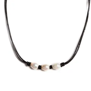 3 White Freshwater Pearl and Leather Necklace