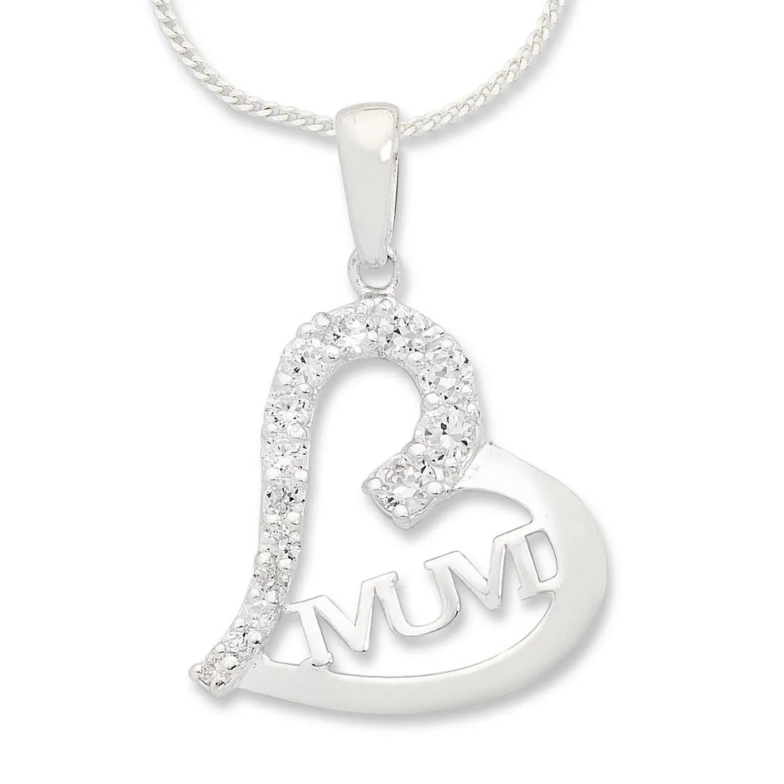 45cm Sterling Silver White Cubic Zirconia Mum Heart Necklace