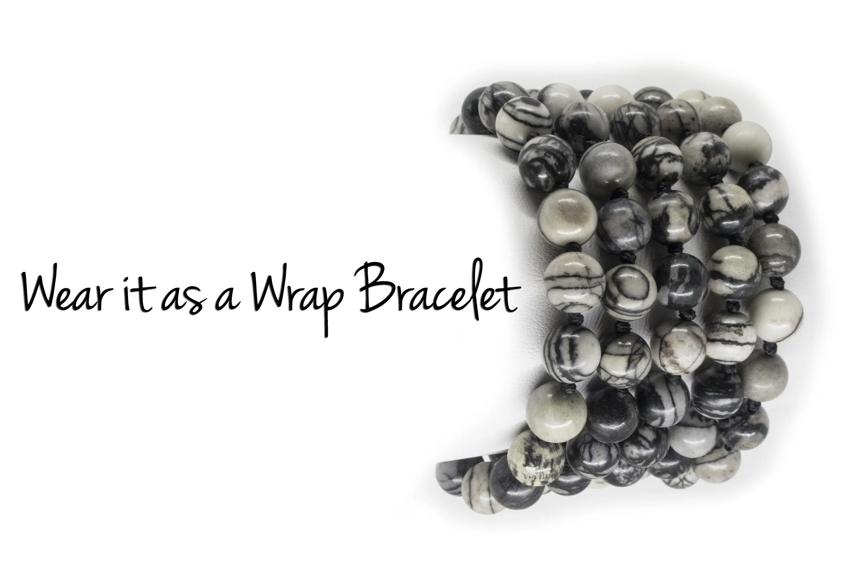 8mm Black Veined Jasper Mala Beads Wrap Necklace with Removable Tassel