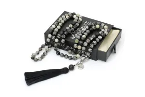 8mm Black Veined Jasper Mala Beads Wrap Necklace with Removable Tassel