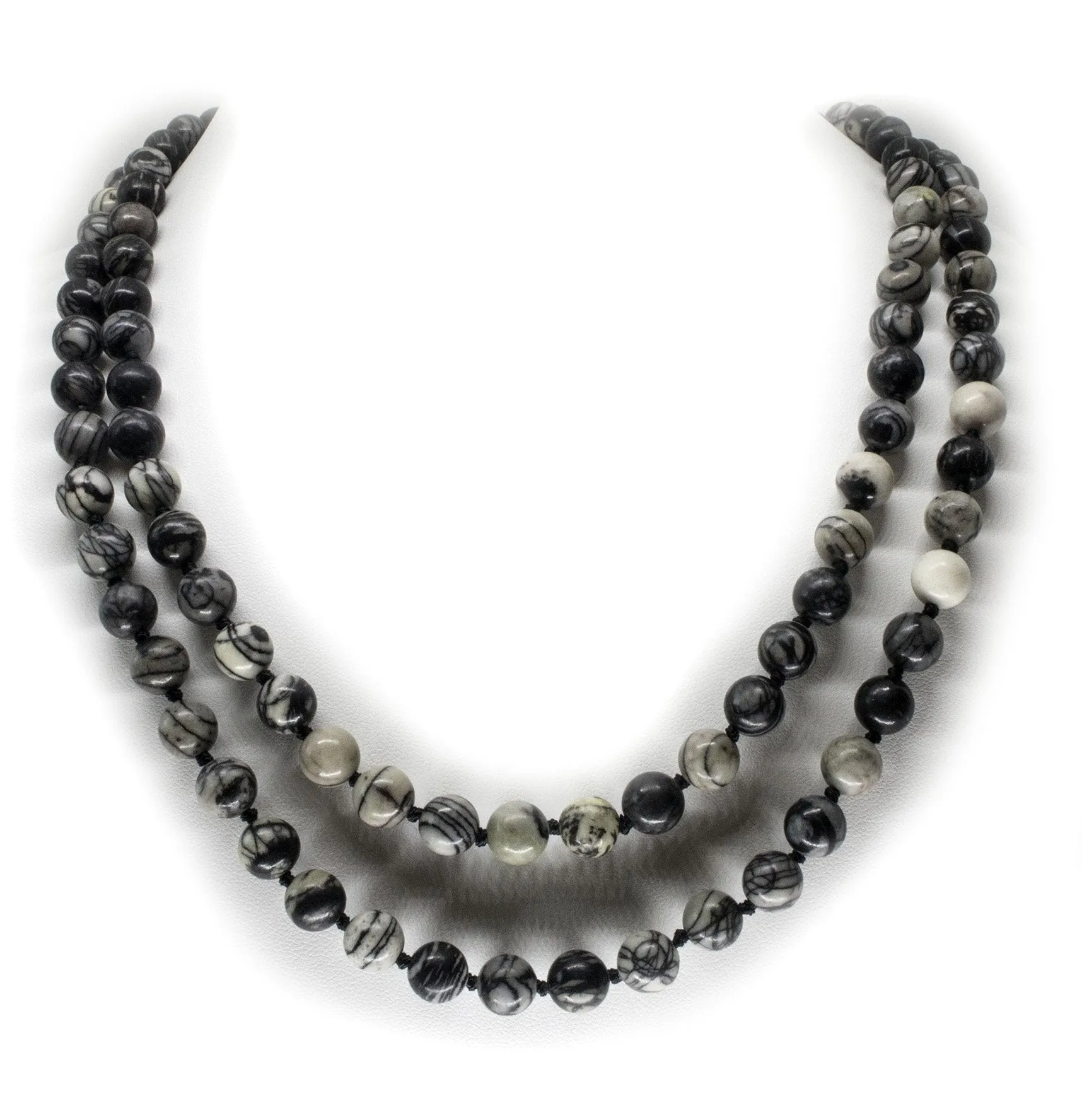 8mm Black Veined Jasper Mala Beads Wrap Necklace with Removable Tassel