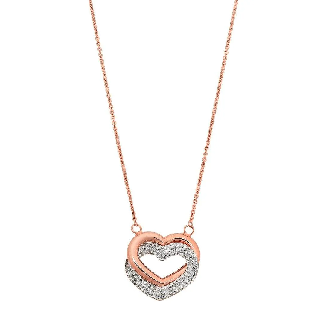 9ct Rose Gold Silver Infused Twin Hearts Necklace with Crystals