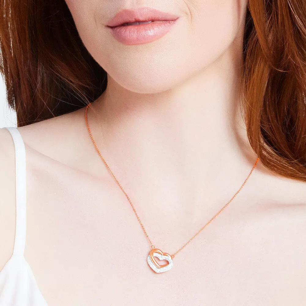 9ct Rose Gold Silver Infused Twin Hearts Necklace with Crystals