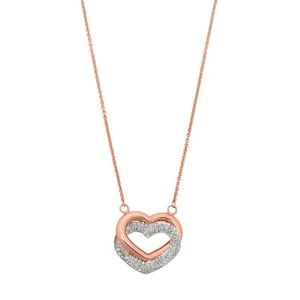 9ct Rose Gold Silver Infused Twin Hearts Necklace with Crystals