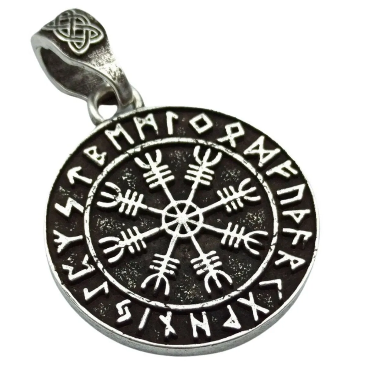 Aegishjalmur in circle of Elder Futhark runes silver plated pendant