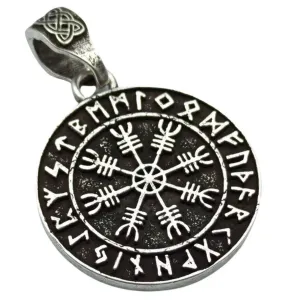 Aegishjalmur in circle of Elder Futhark runes silver plated pendant