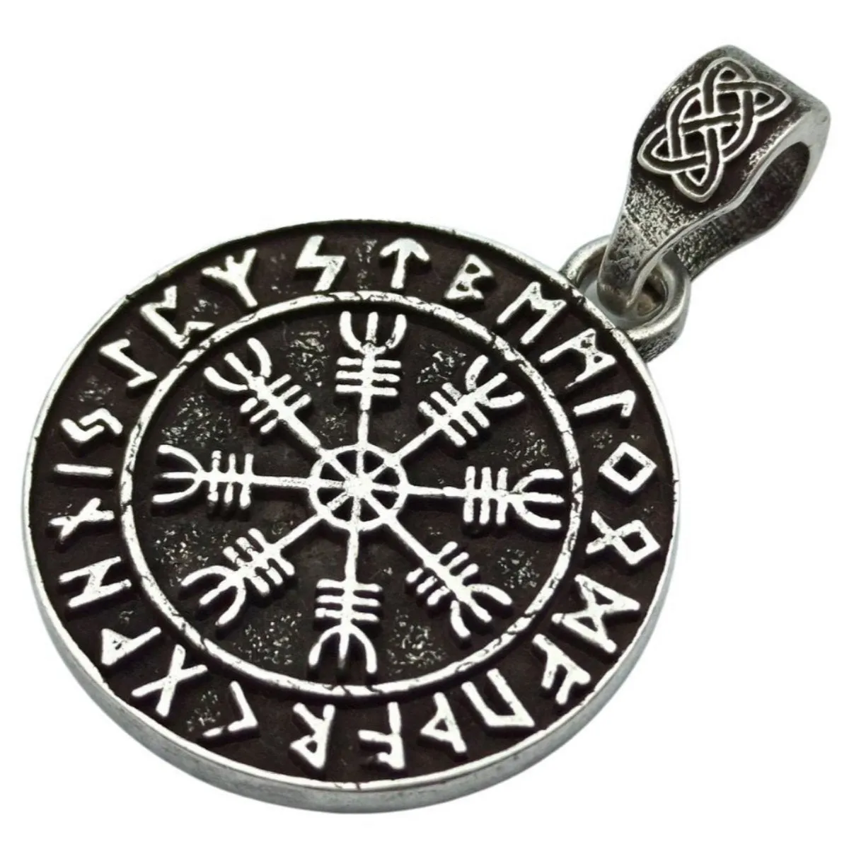 Aegishjalmur in circle of Elder Futhark runes silver plated pendant