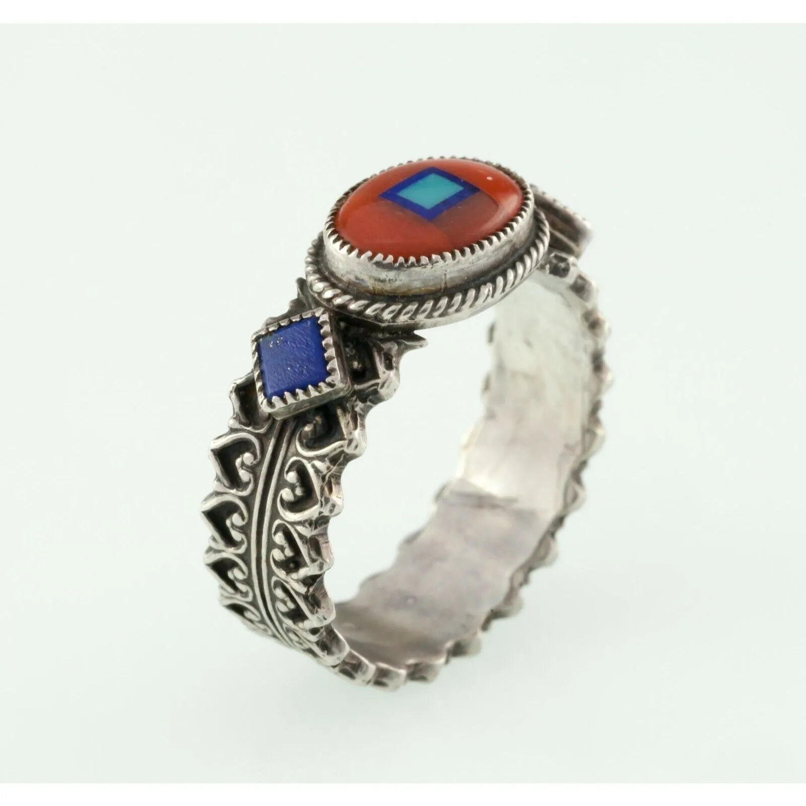 Aldrich Art Studio Red Coral & Lapis Oval Sterling Silver Ring Size 7.25