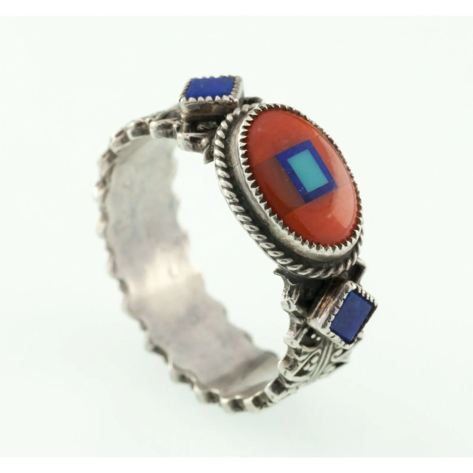 Aldrich Art Studio Red Coral & Lapis Oval Sterling Silver Ring Size 7.25