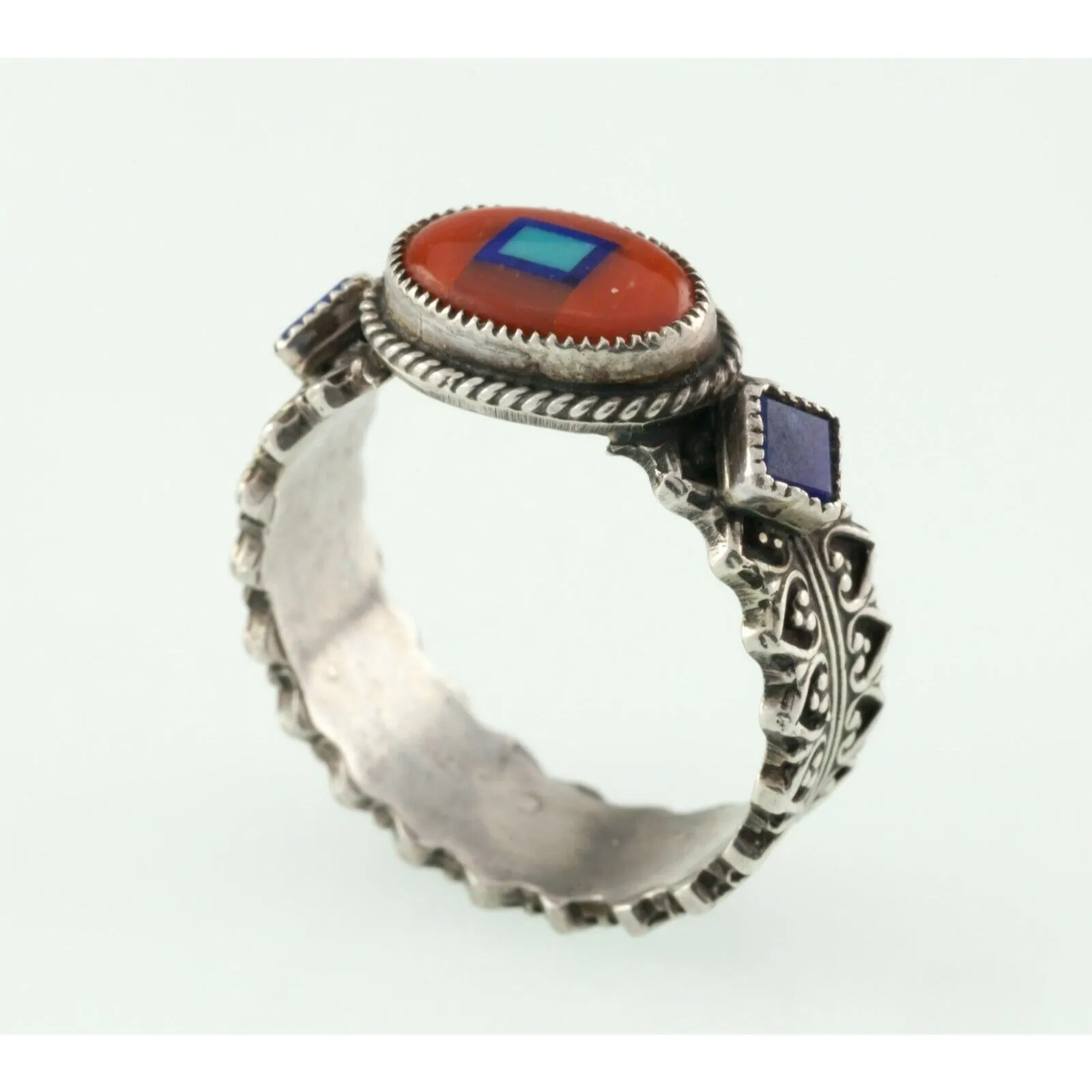 Aldrich Art Studio Red Coral & Lapis Oval Sterling Silver Ring Size 7.25